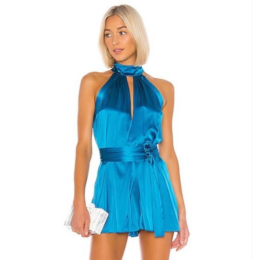 Alexis Capri Blue Rayelynn Silk Tie-waist Romper